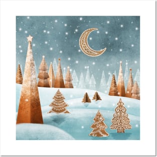 Gingerbread trees snow landscape watercolor illustration. Winter candy world fantasy print. Cookies spruce trees and moon. Sweet Christmas decorations Posters and Art